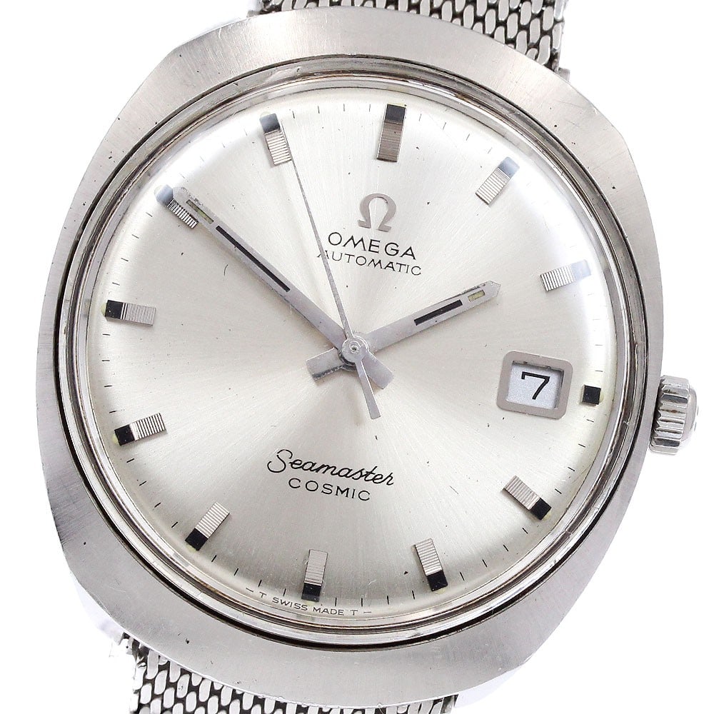 Omega Seamaster Cosmic Automatic Date Stainless Steel Mens Watch: Omega Seamaster Cosmic Automatic Date Stainless Steel Mens Watch This OMEGA Seamaster Cosmic Date men's wristwatch features a stainless steel case and band with a silver dial. The watch is equipped wi