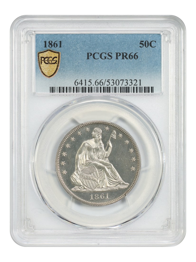 PCGS PR66 1861 Liberty Seated 50C Half Dollar: PCGS PR66 1861 Liberty Seated 50C Half Dollar This 1861 Liberty Seated Half Dollar is a Proof strike, graded PR66 by PCGS. Struck in Philadelphia, this uncirculated coin is a well-preserved example fr