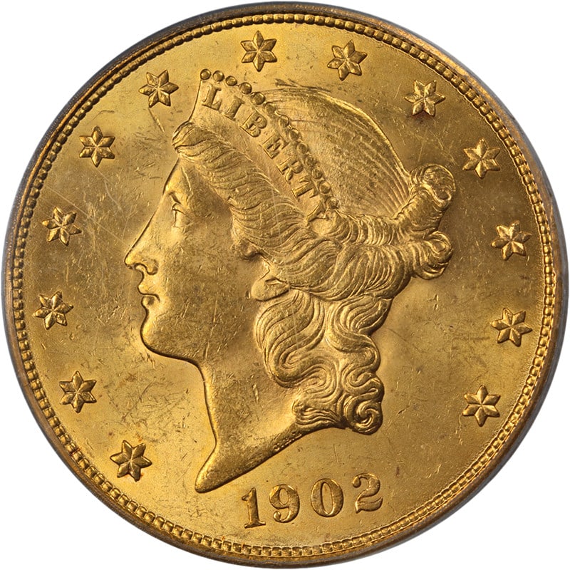 PCGS MS63 1902 Philadelphia Liberty Gold $20 Double Eagle Key Date Coin: PCGS MS63 1902 Philadelphia Liberty Gold $20 Double Eagle Key Date Coin This stunning 1902-P Liberty Gold $20 coin is certified by PCGS with a grade of MS63, showcasing great eye appeal. The coin exhi