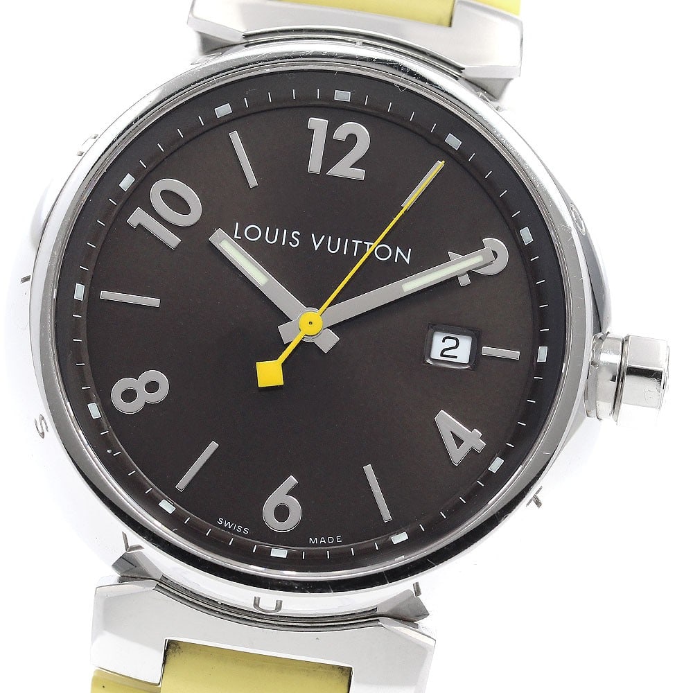 Louis Vuitton Tambour Q1111 Quartz Date Men's Wristwatch: Louis Vuitton Tambour Q1111 Quartz Date Men's Wristwatch This pre-owned Louis Vuitton Tambour Date Quartz men's wristwatch features a stainless steel case and a brown dial, complemented by a rubber st