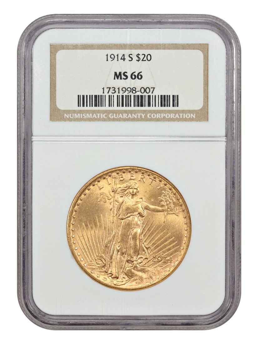 1914-S $20 St. Gaudens Gold Coin NGC MS66 Superb Gem: 1914-S $20 St. Gaudens Gold Coin NGC MS66 Superb Gem This stunning 1914-S $20 St. Gaudens coin, graded MS66 by NGC, showcases exceptional quality and detail. As an uncirculated piece from the San Fran