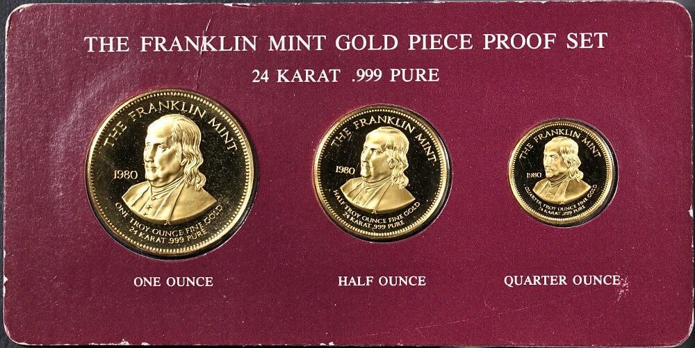 1980 Franklin Mint 3 Coin Gold Proof Set .999 Fine OGP: 1980 Franklin Mint 3 Coin Gold Proof Set .999 Fine OGP This 1980 Franklin Mint 3 Coin Gold Proof Set showcases exceptional craftsmanship and eye appeal, featuring coins made of .999 fine gold with a t