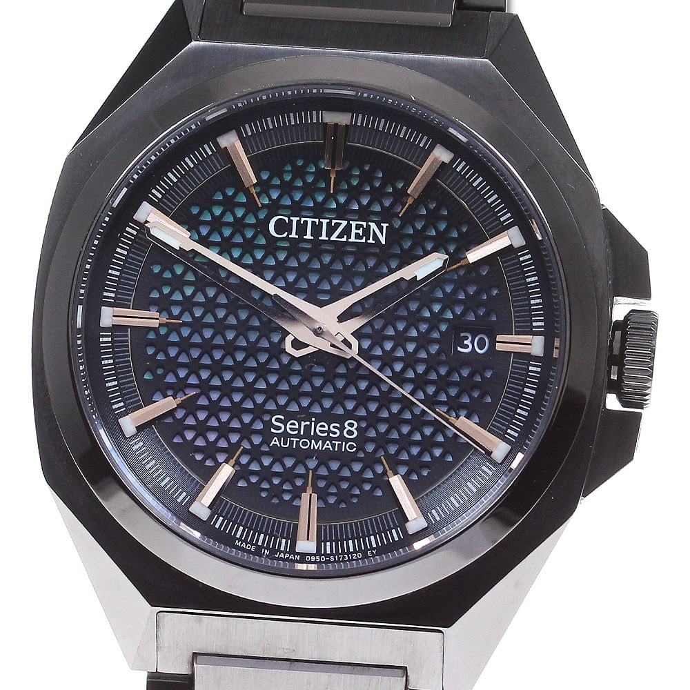 CITIZEN Series Eight Automatic Black Shell Dial Date Watch: CITIZEN Series Eight Automatic Black Shell Dial Date Watch This CITIZEN Series 8 Date men's wristwatch features a stainless steel case and bracelet, paired with a black/shell dial. The watch is powere