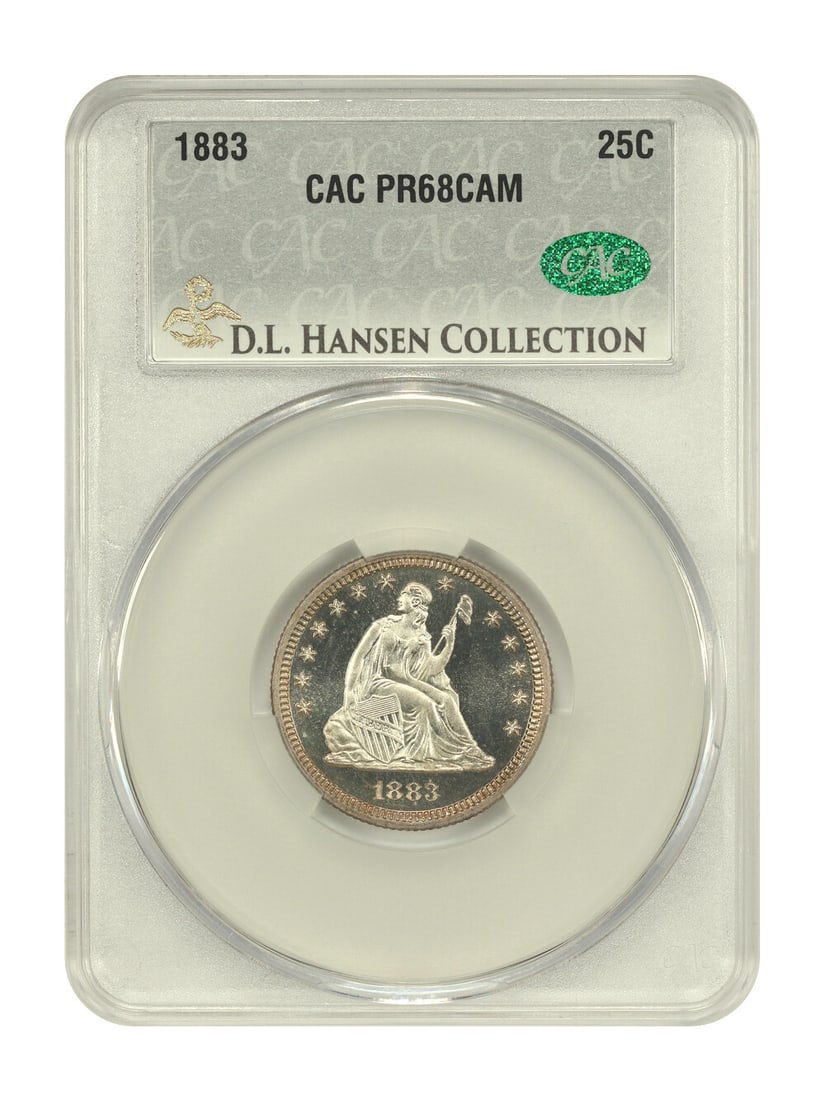 1883 Liberty Seated Quarter PR68CAM CACG Low Mintage 25C: 1883 Liberty Seated Quarter PR68CAM CACG Low Mintage 25C This stunning 1883 Liberty Seated Quarter is graded PR68CAM by CACG, making it a remarkable addition for any coin collector. With a low mintage