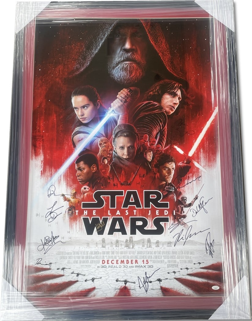 Framed 45x32 Poster Signed by Star Wars The Last Jedi Cast JSA Authenticated: Framed 45x32 Poster Signed by Star Wars The Last Jedi Cast JSA Authenticated This is an original framed poster from Star Wars: The Last Jedi, autographed by key members of the cast. The frame measures