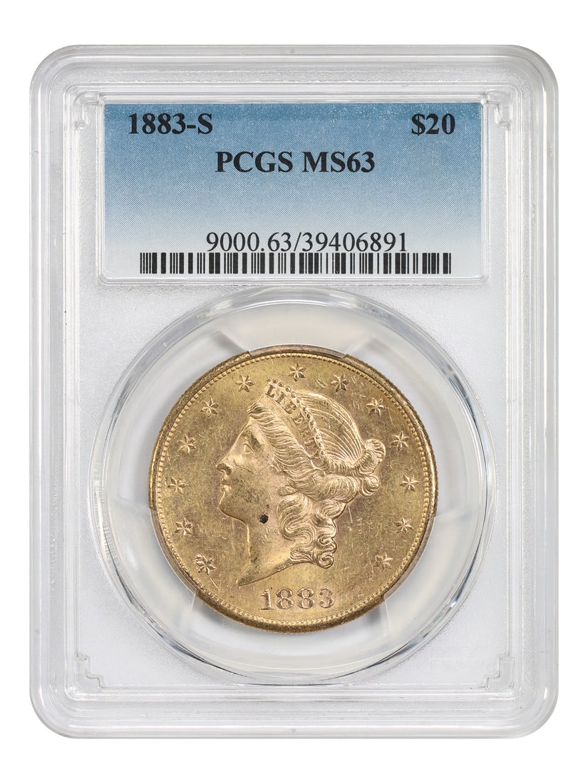 1883 San Francisco Liberty Head $20 Gold Coin PCGS MS63: 1883 San Francisco Liberty Head $20 Gold Coin PCGS MS63 This 1883-S Liberty Head $20 gold coin is graded MS63 by PCGS and was struck at the San Francisco Mint. It features a brilliant semi-prooflike l