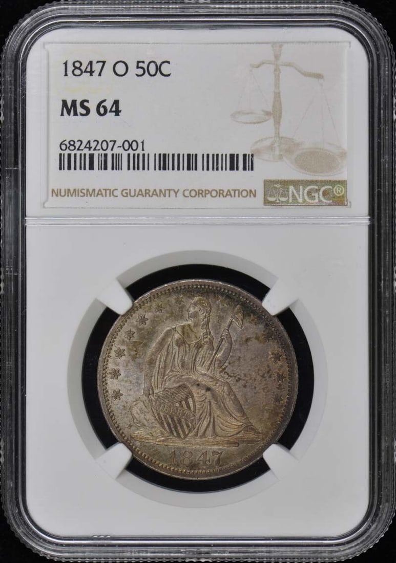 1847-O NGC MS64 Seated Liberty Half Dollar Uncirculated: 1847-O NGC MS64 Seated Liberty Half Dollar Uncirculated This 1847-O Seated Liberty Half Dollar is a stunning example of numismatic artistry, certified by NGC with a grade of MS64, representing an unci