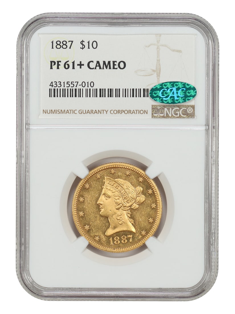 1887 Liberty Head $10 Gold Proof PR61+CAM NGC CAC Certified: 1887 Liberty Head $10 Gold Proof PR61+CAM NGC CAC Certified This 1887 Liberty Head $10 gold coin is a proof strike graded PR61+CAM by NGC and certified by CAC. With a mintage of just 80, it is estimat