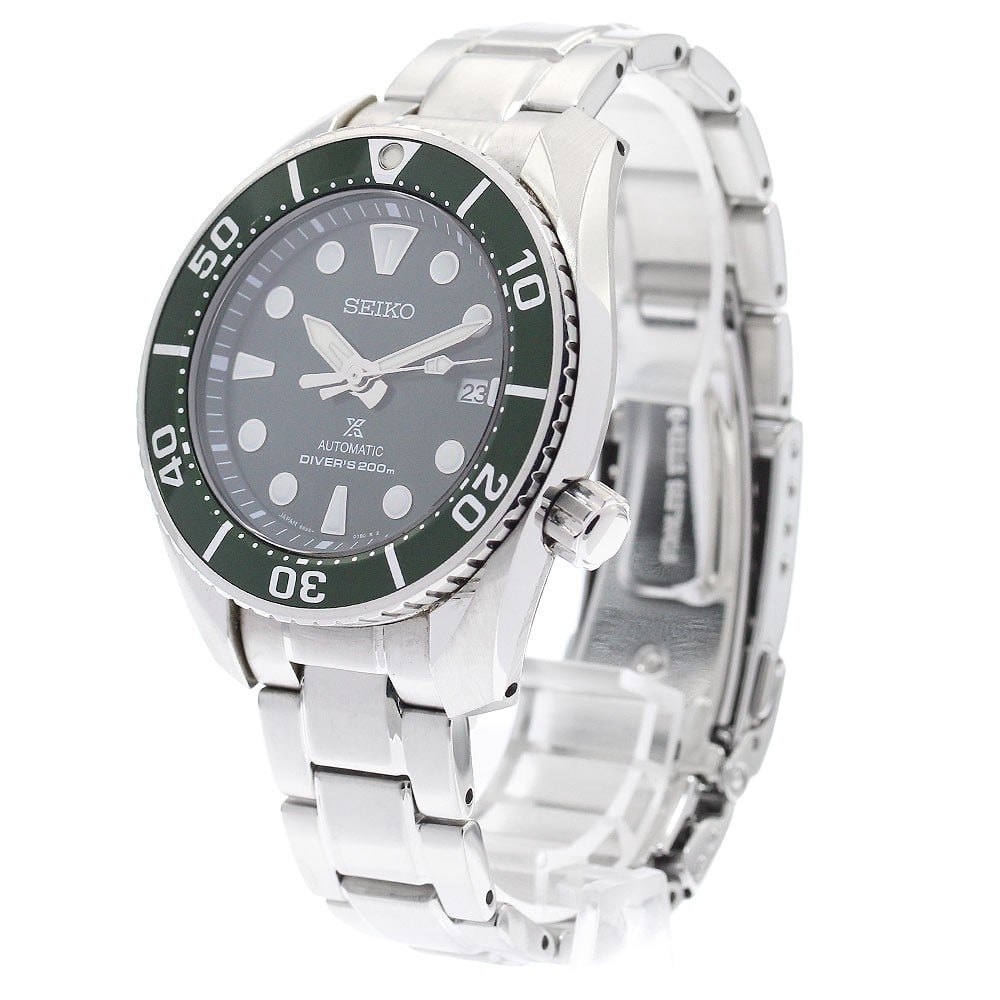 Seiko Prospex Diver Scuba Automatic Date Men's Wristwatch: Seiko Prospex Diver Scuba Automatic Date Men's Wristwatch This Seiko Prospex Diver Scuba Mechanical Date men's wristwatch features a stainless steel case and bracelet with a striking green dial. Power