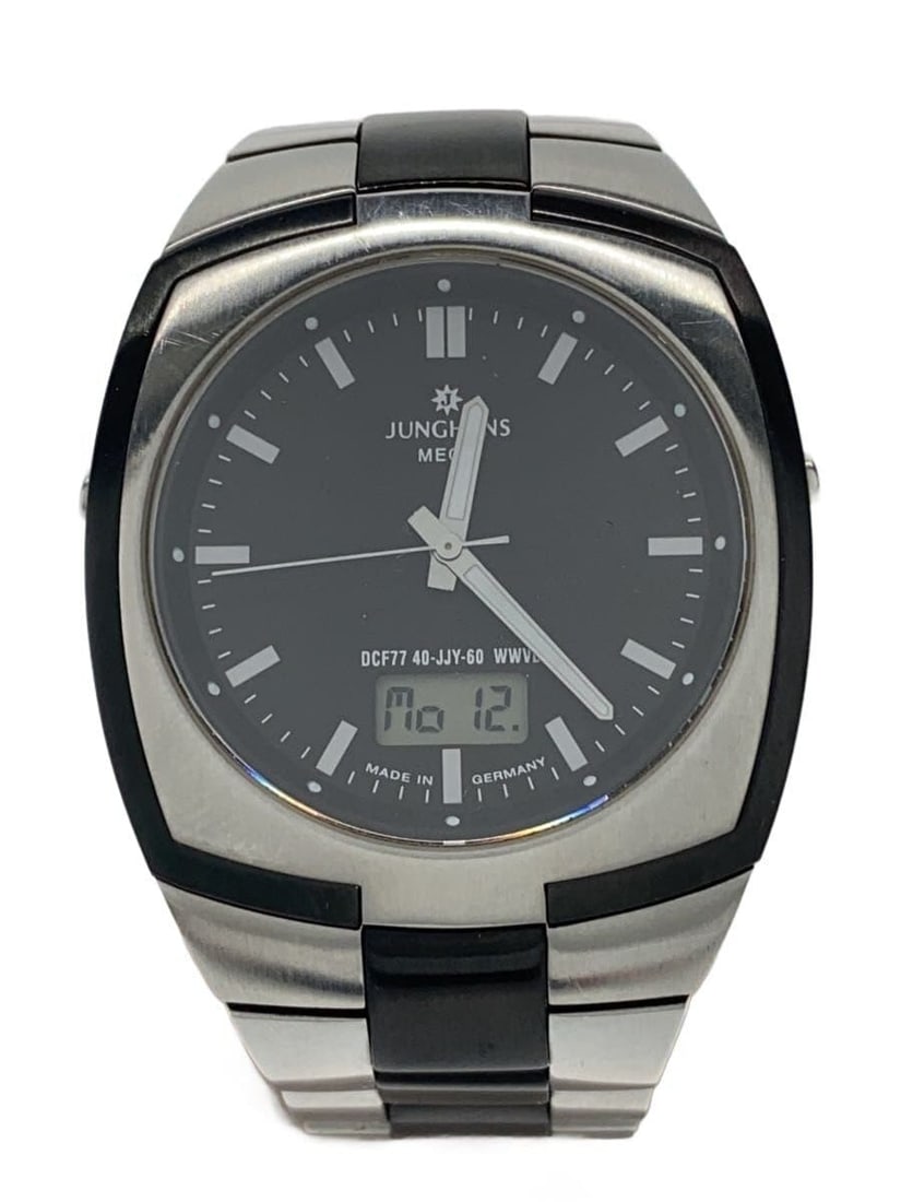 Junghans Mega DCF77.5 Gray Swiss Wristwatch: Junghans Mega DCF77.5 Gray Swiss Wristwatch This JUNGHANS MEGA DCF77.5 men's wristwatch features a gray case and dial, designed for style and functionality. The watch shows slight signs of use and is 