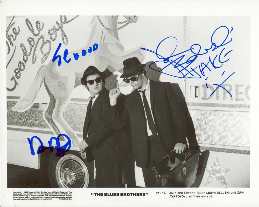 Autographed 8x10 Blues Brothers Photo Signed by Belushi and Aykroyd JSA BAS: Autographed 8x10 Blues Brothers Photo Signed by Belushi and Aykroyd JSA BAS This is an original 8x10 black and white promotional photograph from The Blues Brothers, personally signed by John Belushi a
