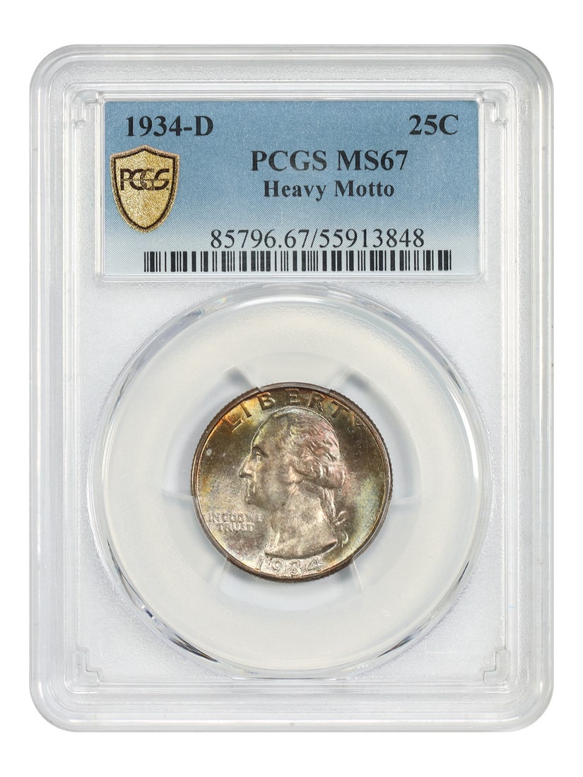 PCGS MS67 1934-D Washington Quarter Heavy Motto Key Date: PCGS MS67 1934-D Washington Quarter Heavy Motto Key Date This 1934-D Washington Quarter is a key date variety featuring the Heavy Motto and is graded MS67 by PCGS. The coin is uncirculated and notable