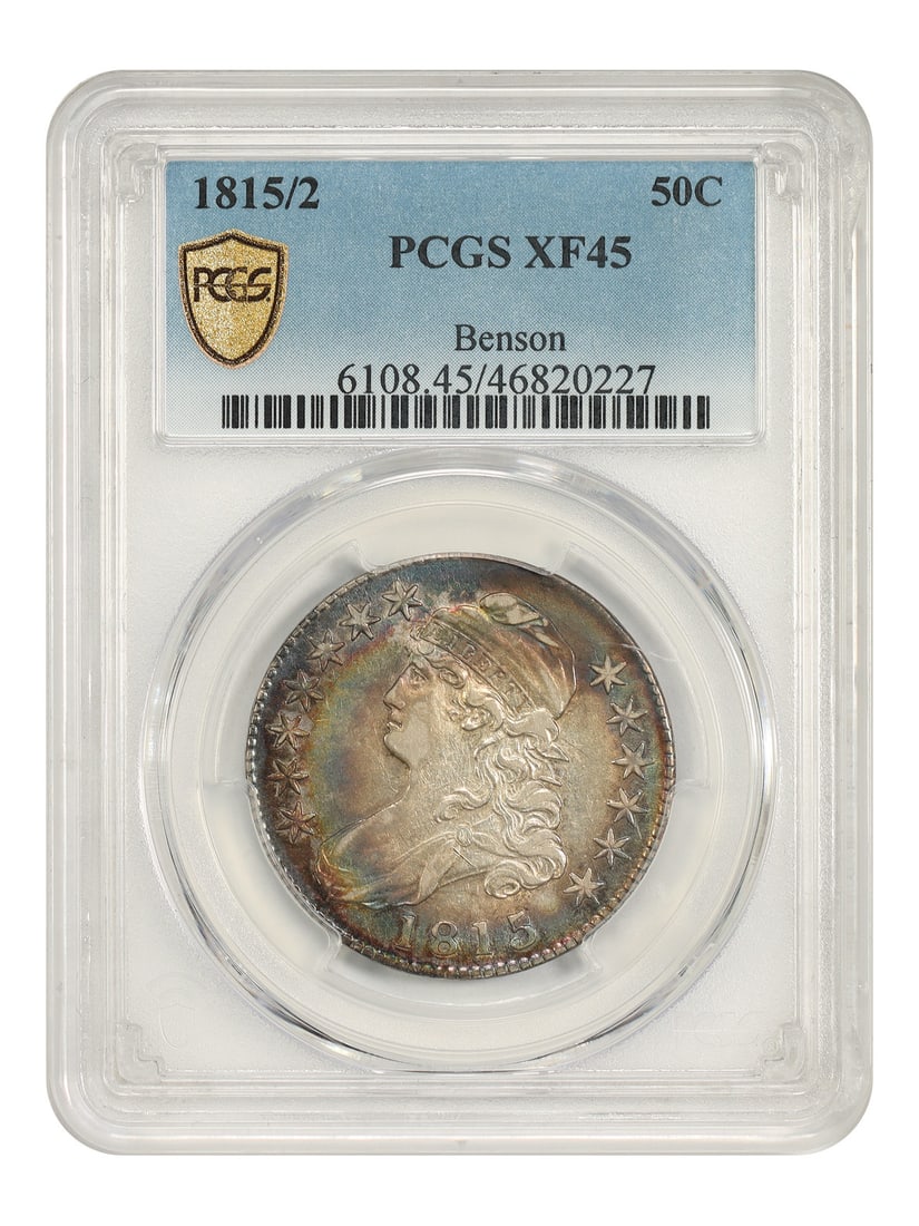 PCGS XF45 1815 Overdate Capped Bust Half Dollar 50C: PCGS XF45 1815 Overdate Capped Bust Half Dollar 50C This 1815/2 Capped Bust Half Dollar is a rare and highly collectible coin from the Bust half dollar series. Certified by PCGS and graded XF45, this 