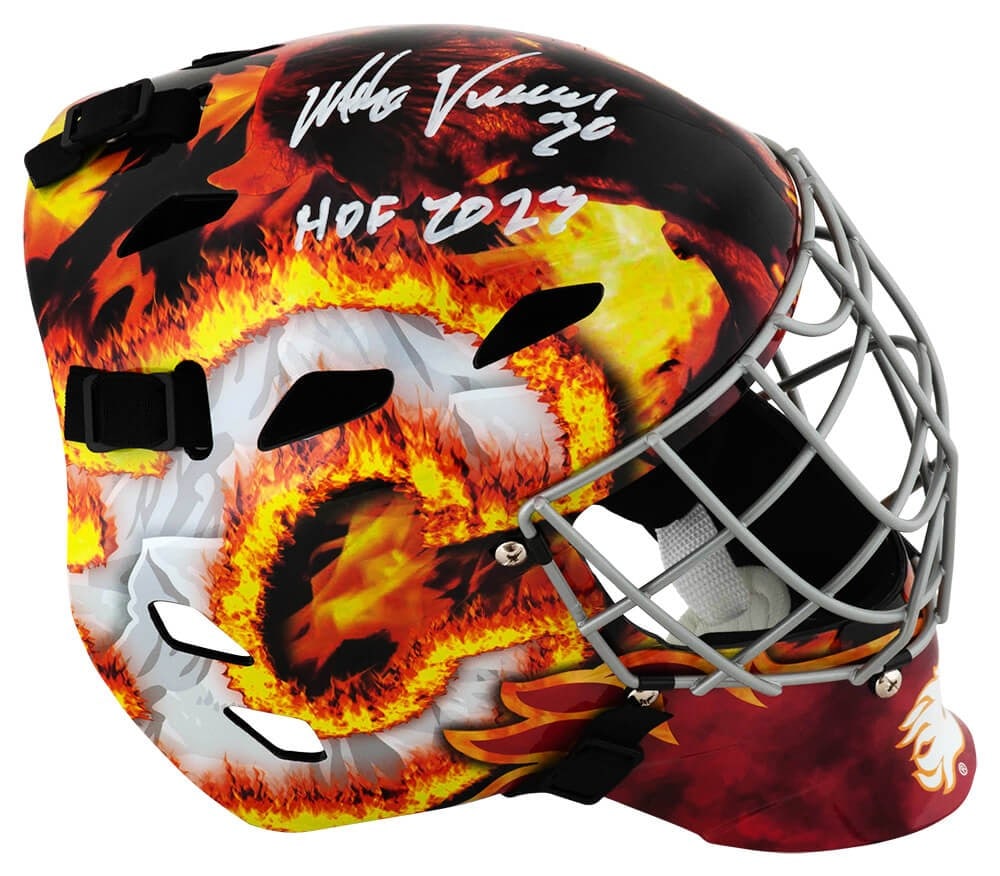 Mike Vernon Signed Calgary Flames Replica Goalie Mask HOF 2023 COA: Mike Vernon Signed Calgary Flames Replica Goalie Mask HOF 2023 COA This is a Mike Vernon signed Calgary Flames Franklin replica hockey goalie mask featuring the inscription 'HOF 2023'. The item comes 