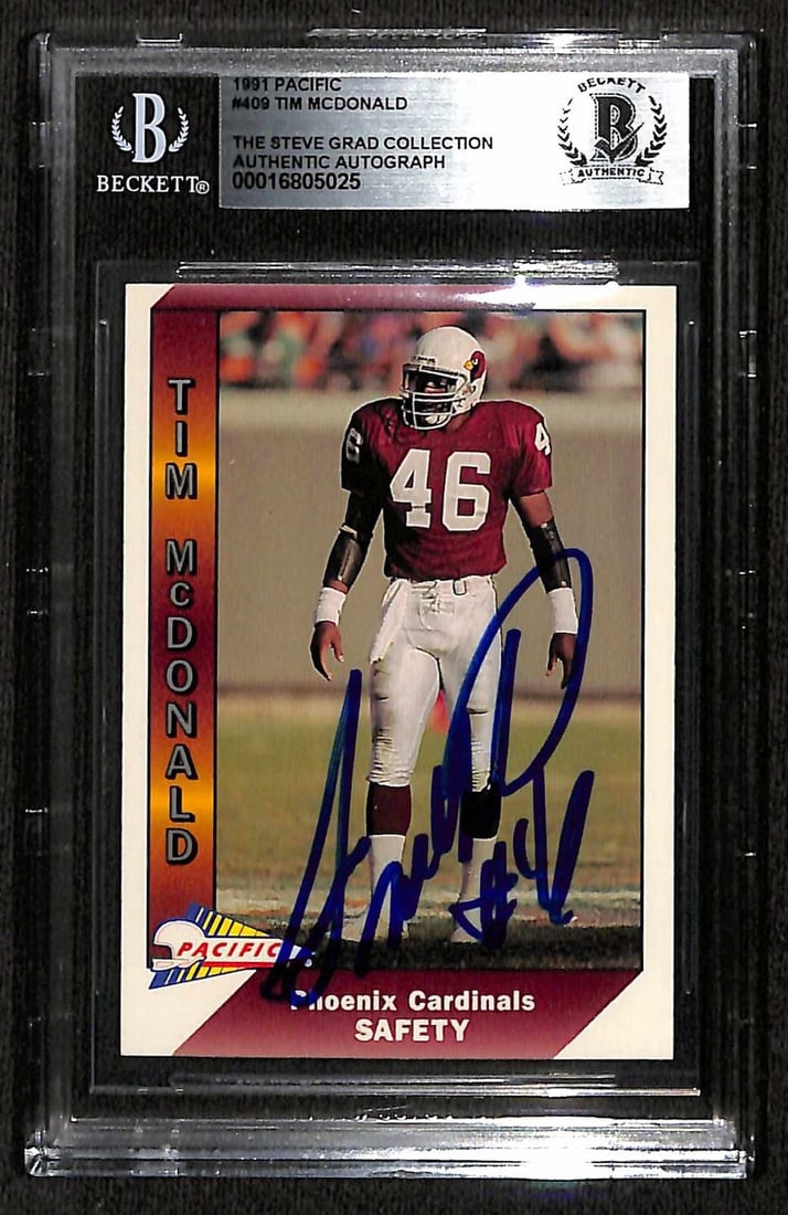 Tim McDonald Autographed 1991 Pacific #409 Card Beckett Certified: Tim McDonald Autographed 1991 Pacific #409 Card Beckett Certified This is a 1991 Pacific #409 sports trading card featuring Tim McDonald, a member of the Phoenix Cardinals and a Pro Football Hall of F