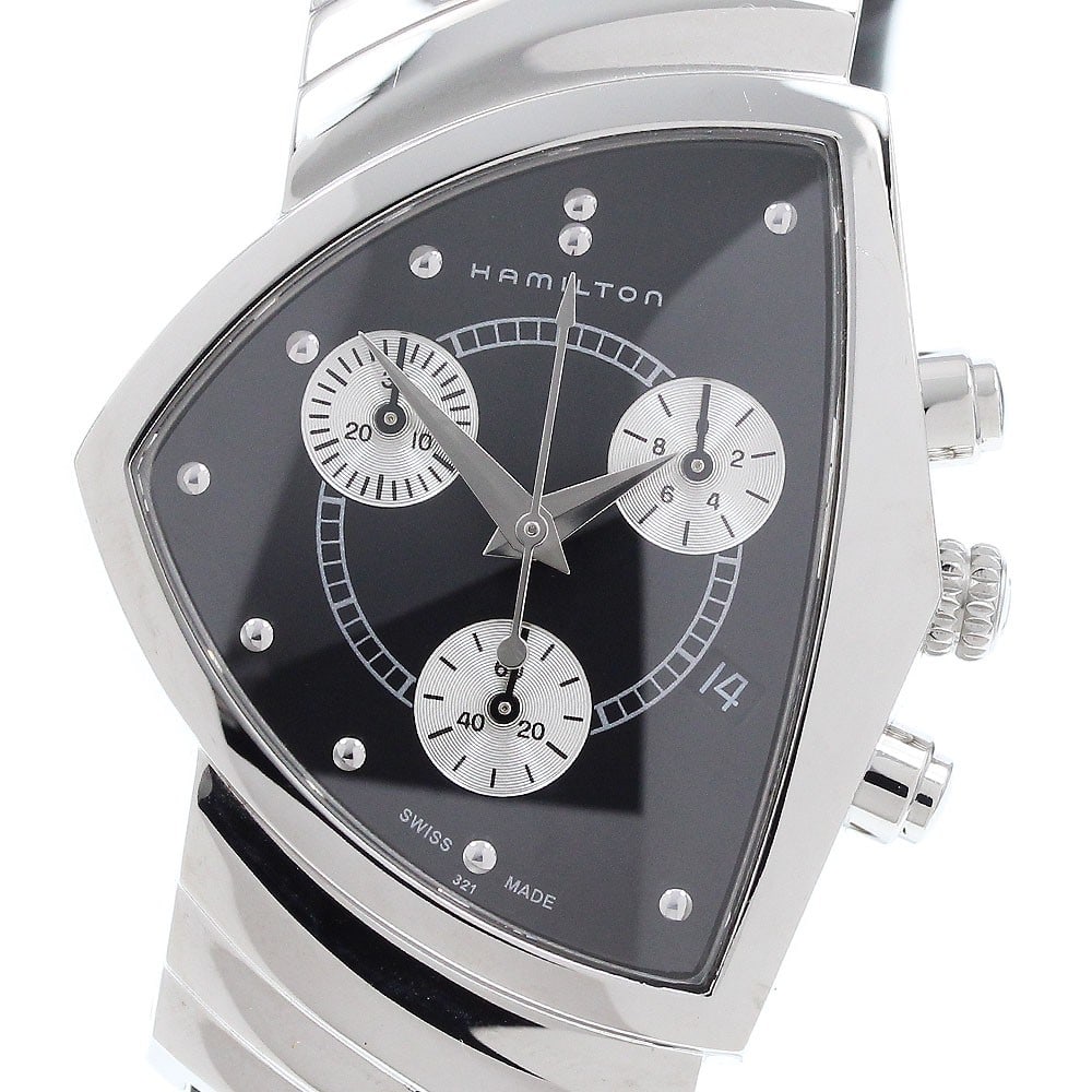 Hamilton Ventura Quartz Date Chronograph Men's Wristwatch H244121: Hamilton Ventura Quartz Date Chronograph Men's Wristwatch H244121 This Hamilton H244121 Ventura Date Chronograph is a men's wristwatch featuring a stainless steel case and a black and silver dial. The