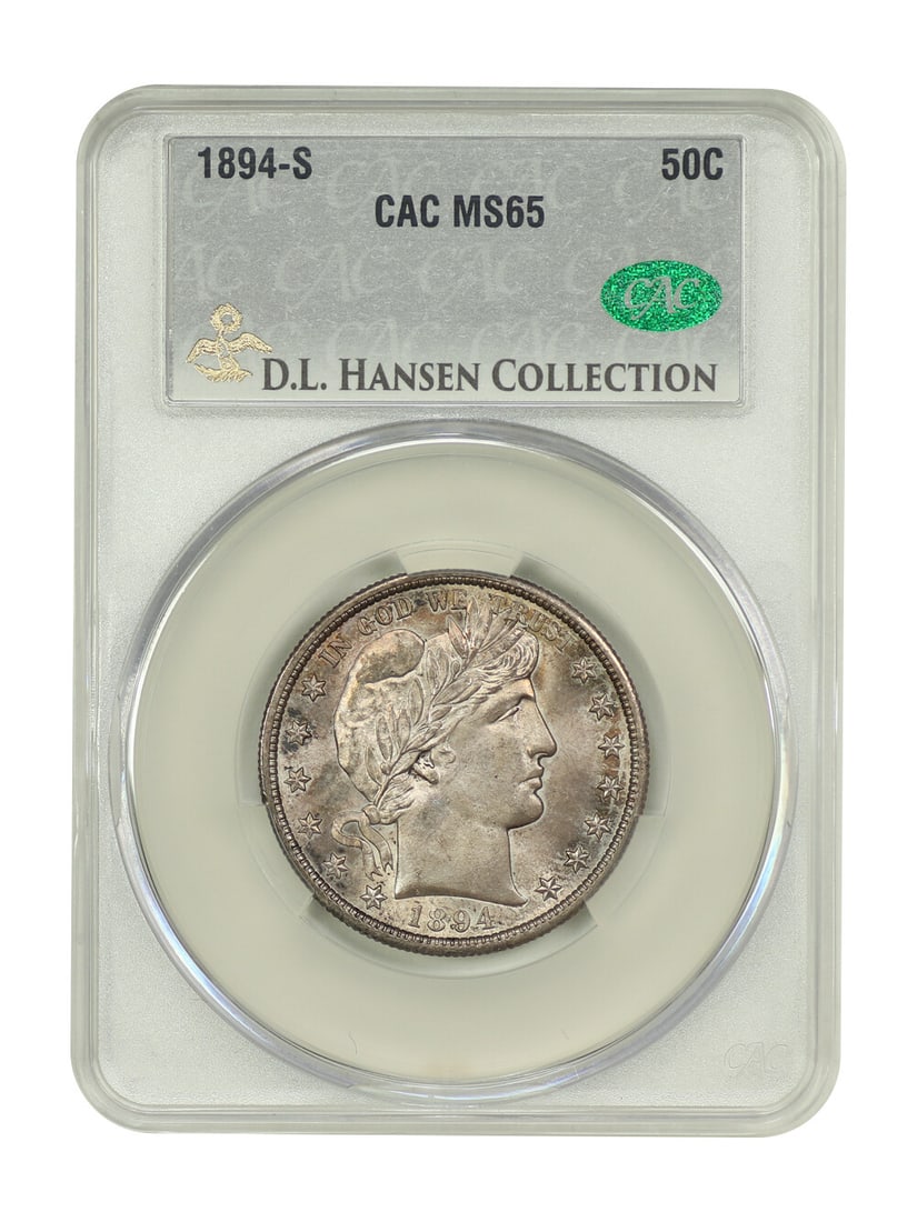 1894-S Barber Half Dollar CACG MS65 Uncirculated San Francisco: 1894-S Barber Half Dollar CACG MS65 Uncirculated San Francisco This stunning 1894-S Barber Half Dollar is certified by CACG with a grade of MS65. Struck in San Francisco, it is part of a large mintage