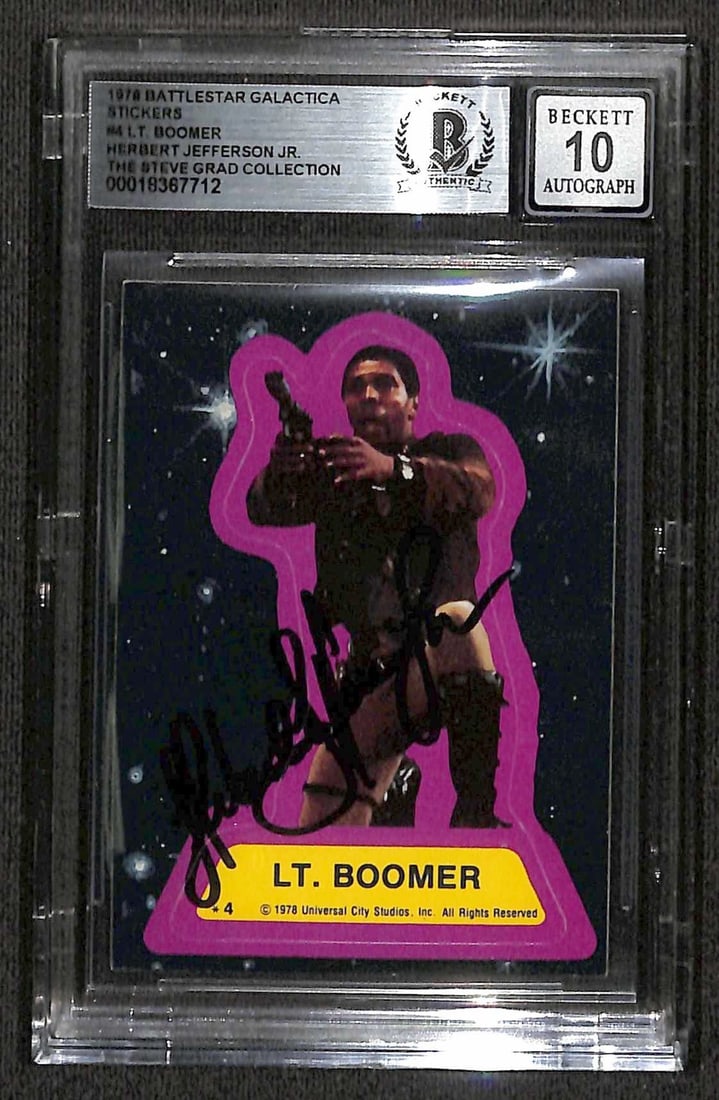 Herbert Jefferson Jr Signed 1978 Battlestar Galactica Sticker Beckett 10: Herbert Jefferson Jr Signed 1978 Battlestar Galactica Sticker Beckett 10 This rare sticker from the 1978 Topps Battlestar Galactica series features the signature of Herbert Jefferson Jr., who is best 