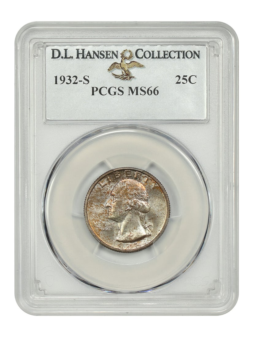 1932-S Washington Quarter PCGS MS66 D.L. Hansen Rare Gem: 1932-S Washington Quarter PCGS MS66 D.L. Hansen Rare Gem This 1932-S Washington Quarter is a remarkable addition to any collection, certified by PCGS with a certification number of 39490858. Graded MS