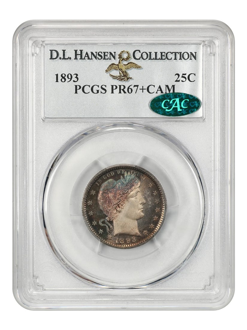 1893 Barber Quarter PCGS PR67+CAM D.L. Hansen Rainbow Tone: 1893 Barber Quarter PCGS PR67+CAM D.L. Hansen Rainbow Tone This exquisite 1893 Barber Quarter is certified by PCGS with a grade of PR67+CAM, ensuring its outstanding quality and eye appeal. Struck at 