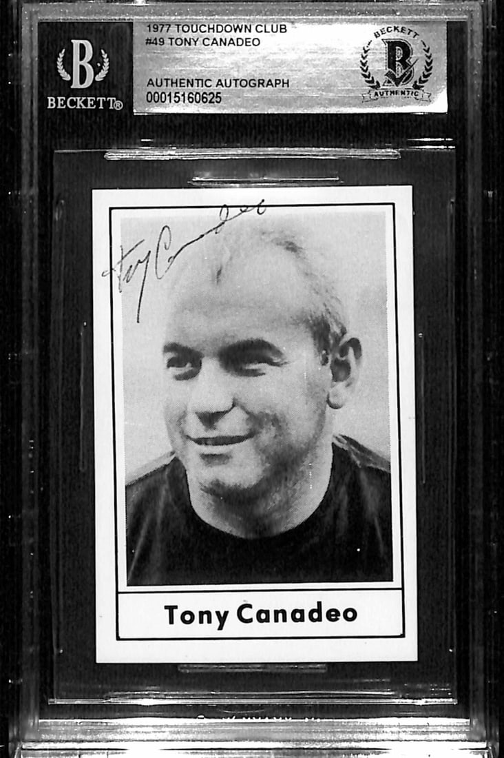 1977 Touchdown Club Football Card Signed by Tony Canadeo Beckett Authenticated: 1977 Touchdown Club Football Card Signed by Tony Canadeo Beckett Authenticated This is an original 1977 Touchdown Club #49 sports trading card, autographed by Tony Canadeo of the Green Bay Packers and