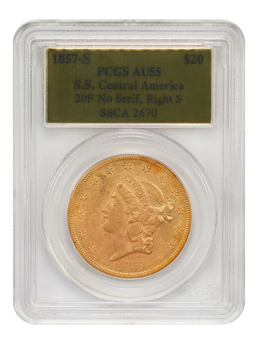 PCGS AU55 1857-S Liberty Head $20 Shipwreck Coin: PCGS AU55 1857-S Liberty Head $20 Shipwreck Coin This is an 1857-S Liberty Head $20 gold coin, recovered from the S.S. Central America shipwreck. Graded AU55 by PCGS, this circulated coin is part of t