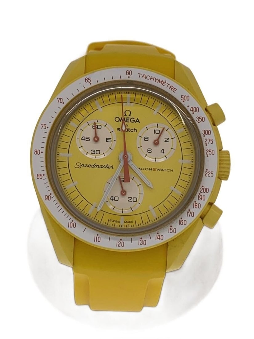 Yellow Rubber Quartz Wristwatch OMEGAxSWATCH Mission to the Sun: Yellow Rubber Quartz Wristwatch OMEGAxSWATCH Mission to the Sun This OMEGAxSWATCH Mission to the Sun men's wristwatch features a quartz movement and a bold yellow color. The watch comes with a third-p