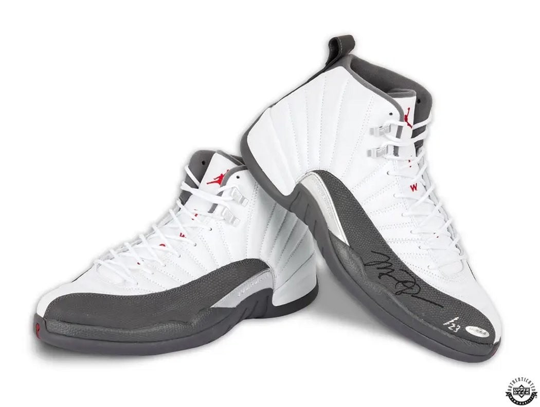 Michael Jordan Autographed Nike Air Jordan 12 Retro Dark Grey Limited Edition 23: Michael Jordan Autographed Nike Air Jordan 12 Retro Dark Grey Limited Edition 23 Michael Jordan Signed Autographed Nike Air Jordan 12 Retro shoes in Dark Grey, limited to only 23 pairs. This original 
