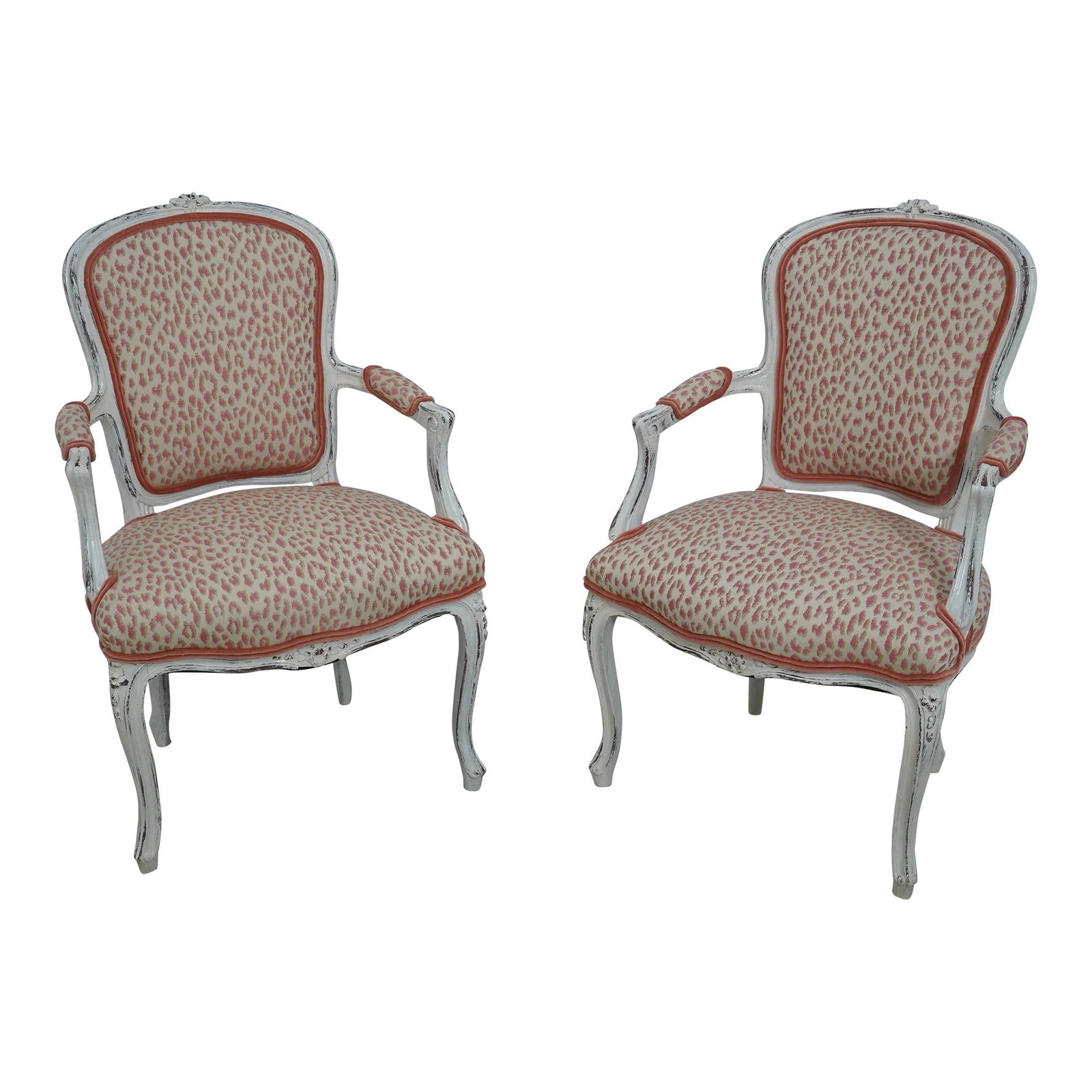 Elegant Pair of Restored French Louis XV Armchairs: Elegant Pair of Restored French Louis XV Armchairs This exquisite pair of French Louis XV armchairs, dating back to the 1920s, features a beautifully restored frame with a custom white distressed fini