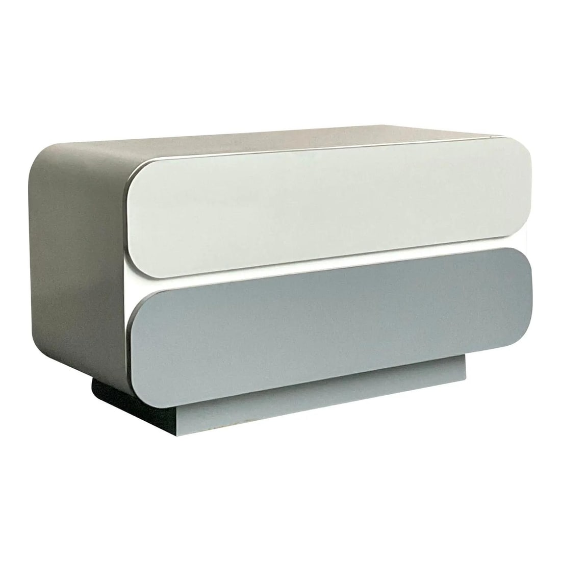 Postmodern Laminate Chest Two Tone Gray and White Drawers 51 Inch Wide: Postmodern Laminate Chest Two Tone Gray and White Drawers 51 Inch Wide This vintage postmodern laminate chest of drawers showcases the distinctive style of the late 20th century. Featuring sleek, roun