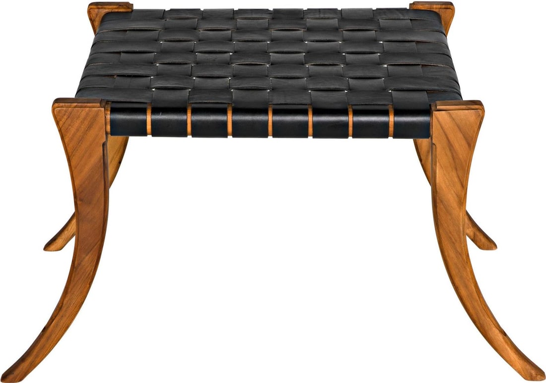 Noir Sparti Black Leather Teak Stool 17H Stylish Design: Noir Sparti Black Leather Teak Stool 17H Stylish Design Introducing the Noir Sleek Black Leather Teak Stool, a stylish addition to any space. This stool features a modern design with a clear coat flat