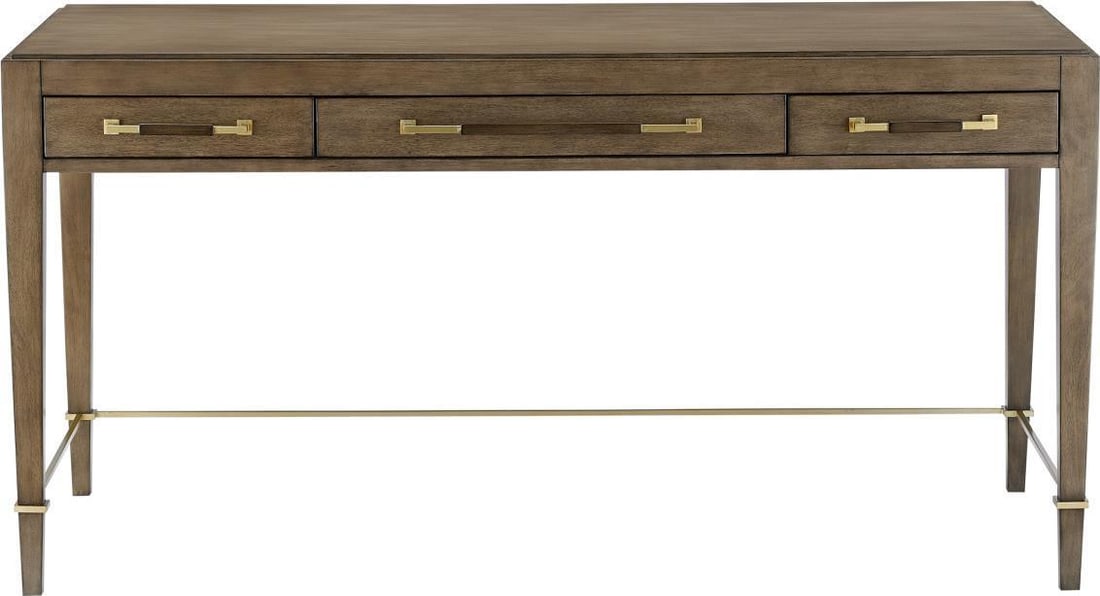 Currey Mahogany Verona Desk Transitional Champagne Chanterelle Finish: Currey Mahogany Verona Desk Transitional Champagne Chanterelle Finish Enhance your workspace with the Mahogany Verona Desk, finished in a stunning Champagne Chanterelle Coffee. This transitional style