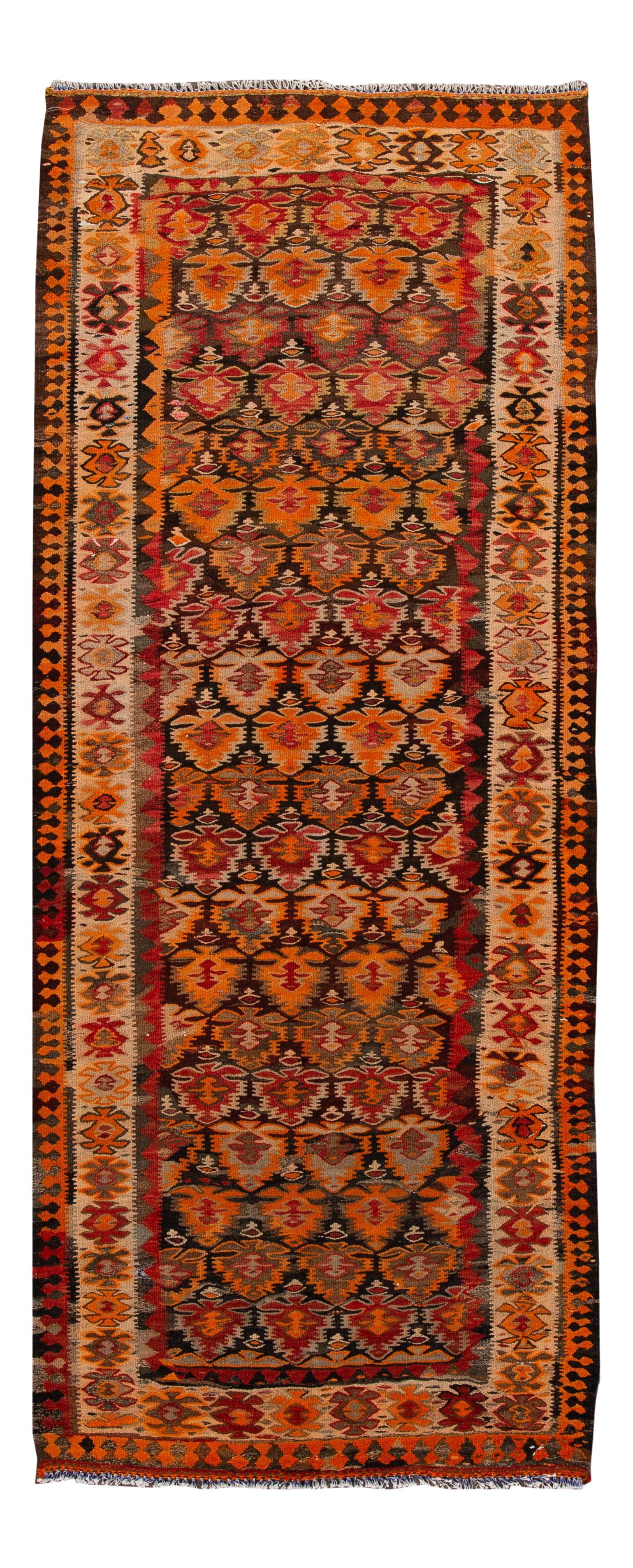 Mid-Century Vintage Kilim Runner Rug Orange 3'11" x 10' Wool: Mid-Century Vintage Kilim Runner Rug Orange 3'11" x 10' Wool Discover this stunning hand-woven vintage kilim runner, featuring a vibrant orange field complemented by multi-color accents in a captivati