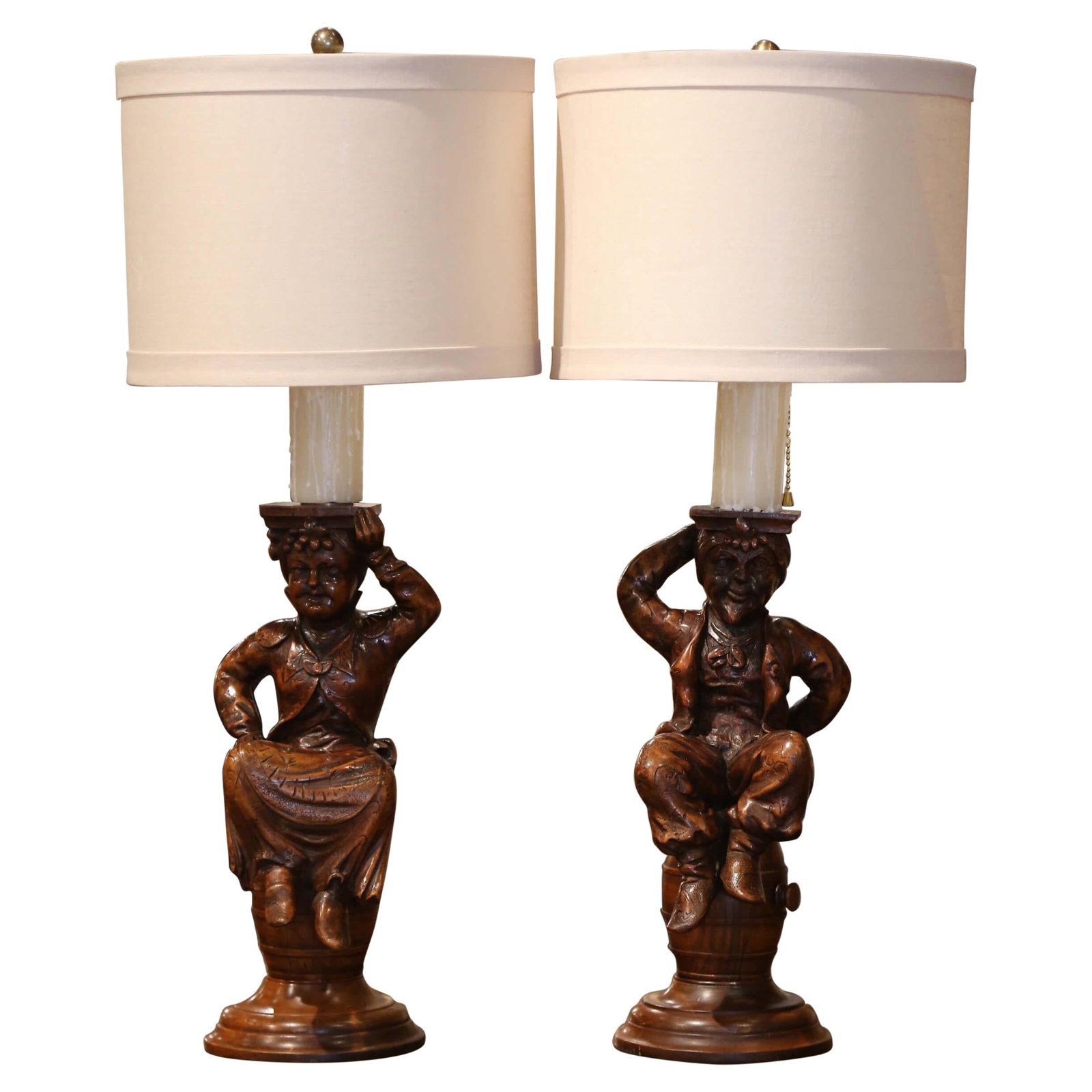 Set of 2 19th Century French Black Forest Carved Character Lamps: Set of 2 19th Century French Black Forest Carved Character Lamps Add a touch of whimsy and elegance to your entertaining space with this exquisite set of two 19th Century French Black Forest Carved Ca