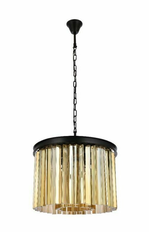 Sydney 6-Light Matte Black Crystal Chandelier 20 Inch: Sydney 6-Light Matte Black Crystal Chandelier 20 Inch This modern chandelier features a matte black frame adorned with high-quality golden teak crystals, offering a striking and elegant lighting solut
