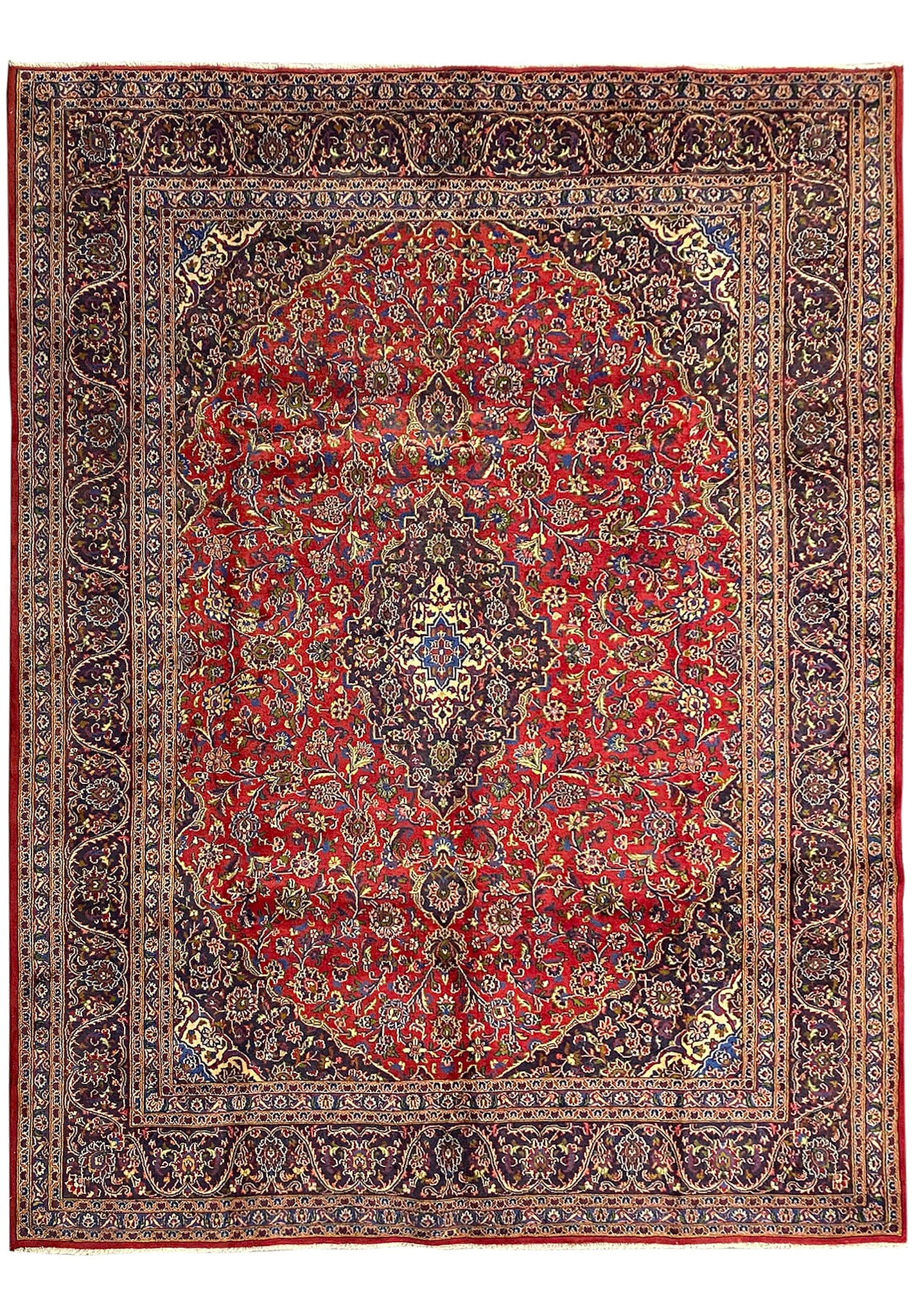 9.7 x 12.6 Wool Persian Kashan Rug Hand Knotted Classic Design: 9.7 x 12.6 Wool Persian Kashan Rug Hand Knotted Classic Design Free continental US Shipping This Persian Kashan rug showcases classic craftsmanship with intricate floral motifs, medallions, and scroll
