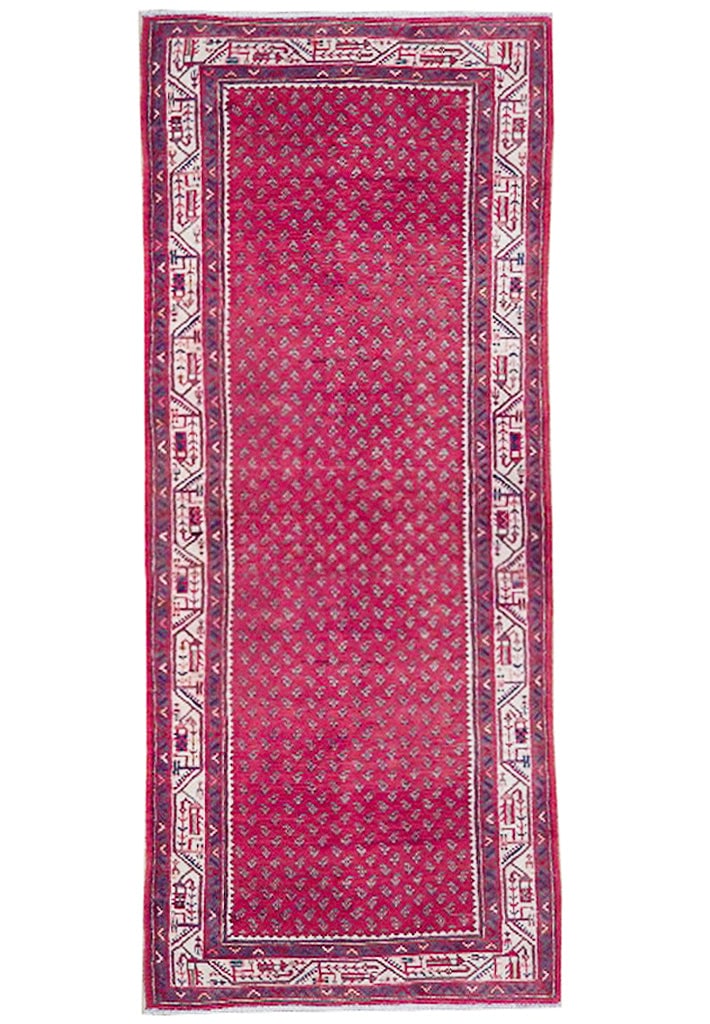 3.8 x 10.6 Red Semi Antique Persian Mir Runner Rug Handmade: 3.8 x 10.6 Red Semi Antique Persian Mir Runner Rug Handmade Free continental US Shipping This semi-antique Persian handmade Mir runner rug is a stunning addition to any space, measuring 3' 8" x 10' 6"