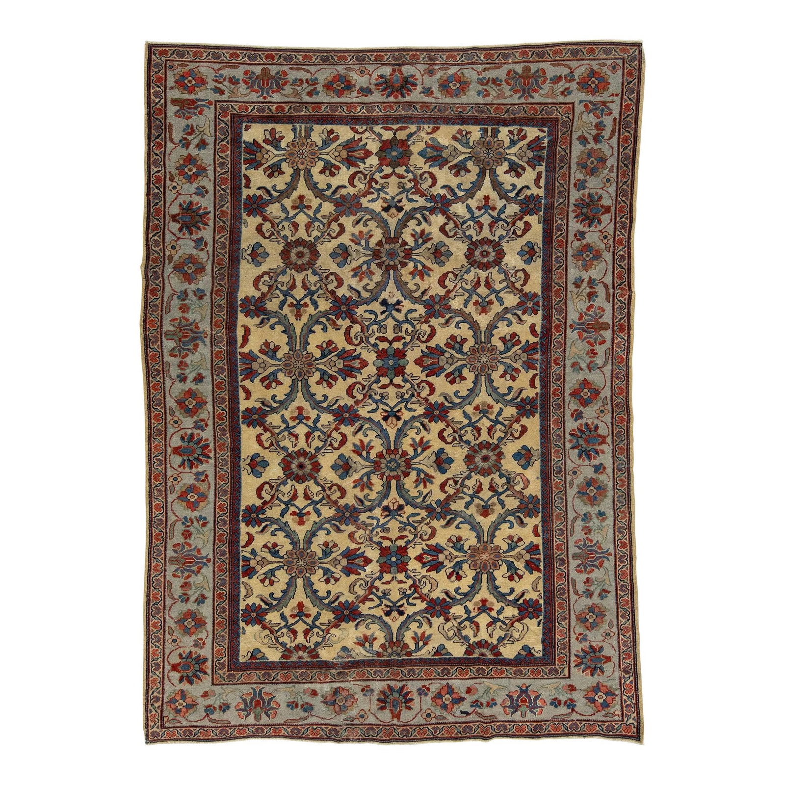 Antique Persian Mahal Handmade Wool Rug 7 x 10 Tan Floral Design: Antique Persian Mahal Handmade Wool Rug 7 x 10 Tan Floral Design Discover the elegance of this antique Persian Mahal rug, showcasing a beautiful tan-beige field adorned with intricate blue and rust fl