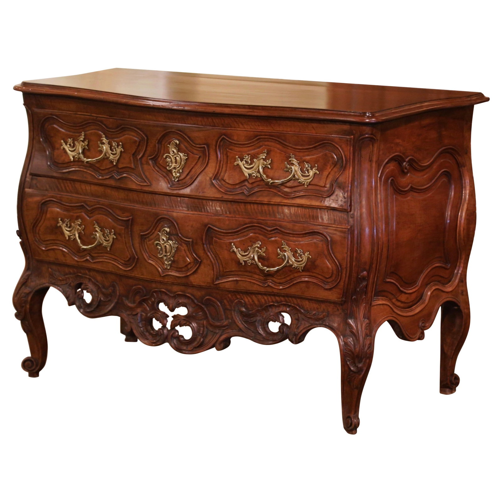 Antique 18th Century French Louis XV Walnut Bombe Commode: Antique 18th Century French Louis XV Walnut Bombe Commode This exquisite 18th Century French Louis XV Carved Walnut Bombe Two-Drawer Commode from Nimes is a stunning example of mid-18th century crafts