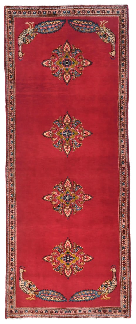 Vintage Handmade Geometric Wool Area Rug 3'8 x 8'6 Red Cream Blue: Vintage Handmade Geometric Wool Area Rug 3'8 x 8'6 Red Cream Blue This vintage handmade pictorial rug features a captivating blend of colors including red, cream, gold, blue, and rusty pink. Crafted w