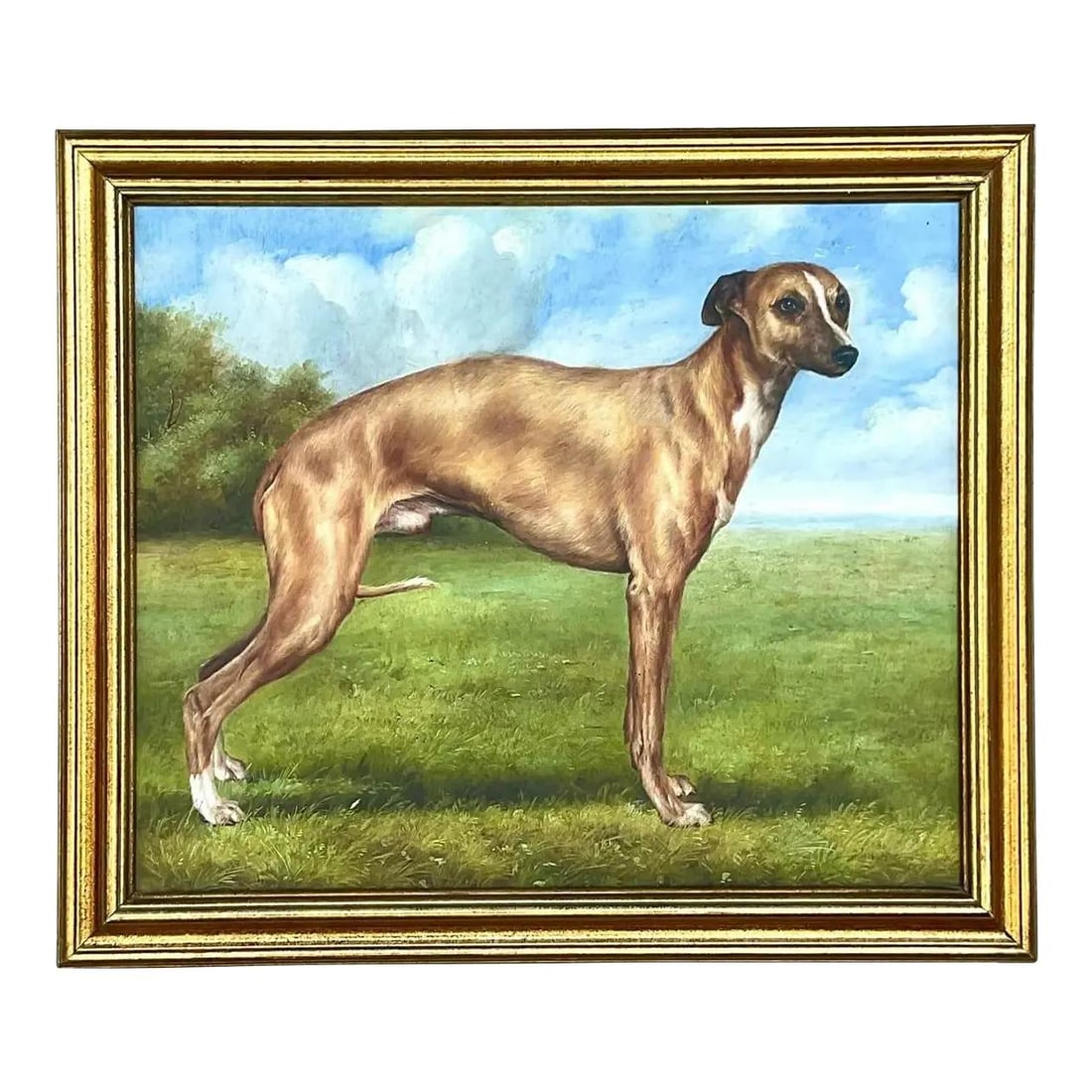 Vintage Regency Signed Oil Painting of Dog in Pastoral Scene: Vintage Regency Signed Oil Painting of Dog in Pastoral Scene Discover a charming vintage Regency original oil painting featuring a stylish depiction of a dog set in a serene pastoral landscape. This e