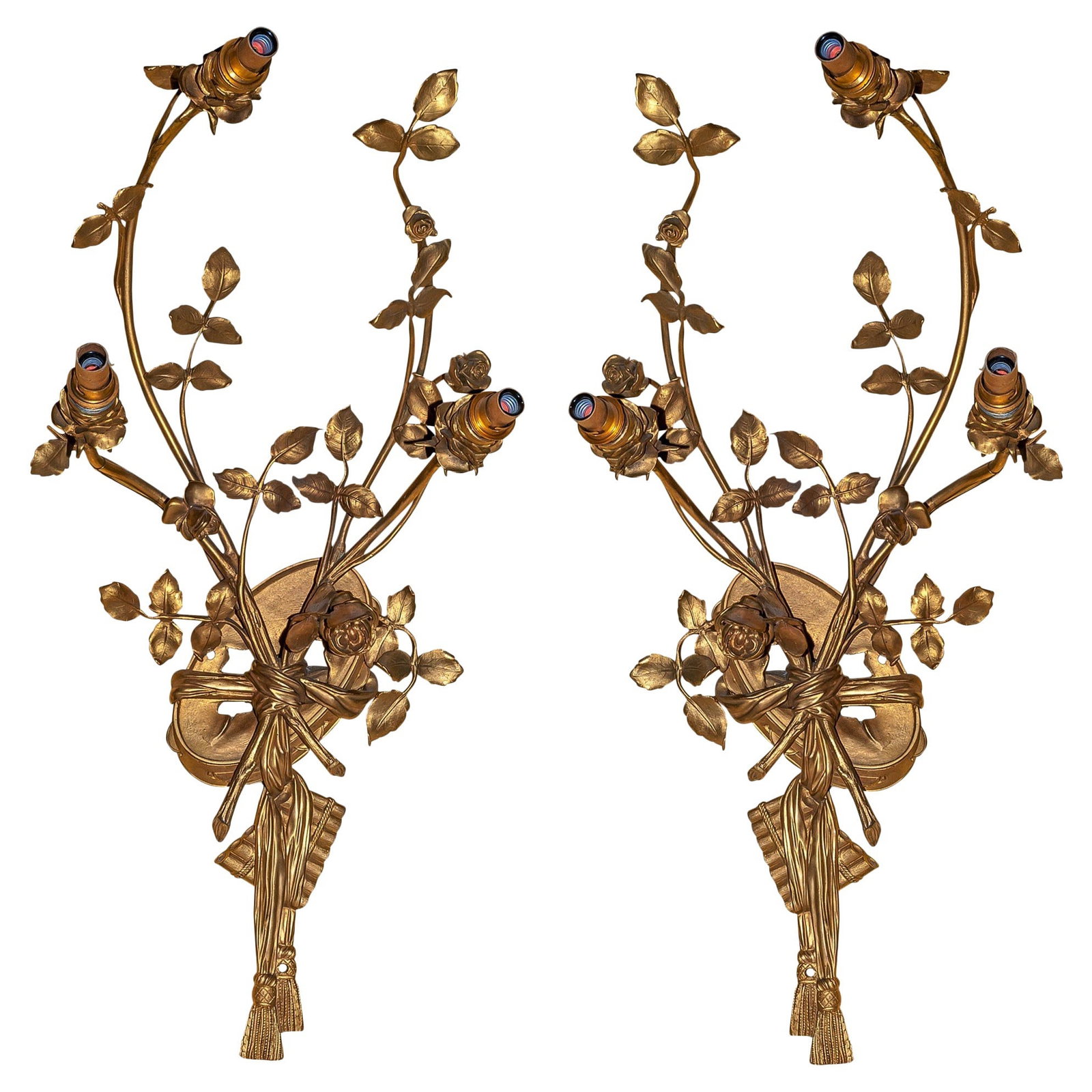 Set of 2 French Louis XV Gilt Bronze Sconces with Musical Motifs: Set of 2 French Louis XV Gilt Bronze Sconces with Musical Motifs This matched pair of large Louis XV style gilt bronze wall sconces features intricate musical and neoclassical motifs, including tambre