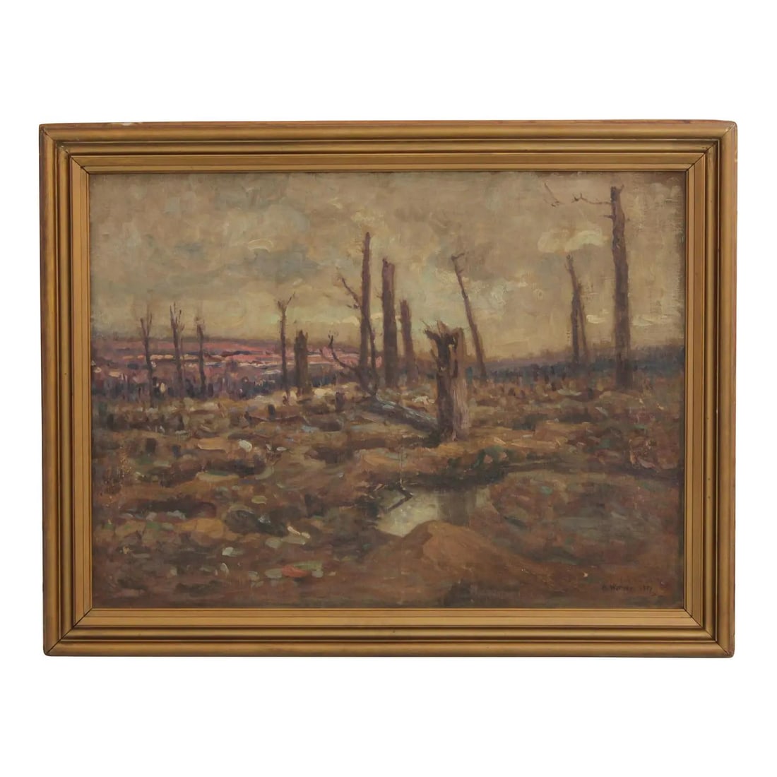 A Wieser 1917 World War I Battlefield Oil Painting Framed on Canvas: A Wieser 1917 World War I Battlefield Oil Painting Framed on Canvas This framed oil on canvas painting, dated 1917, is an original vintage work by German artist A. Wieser. The artwork depicts a World 