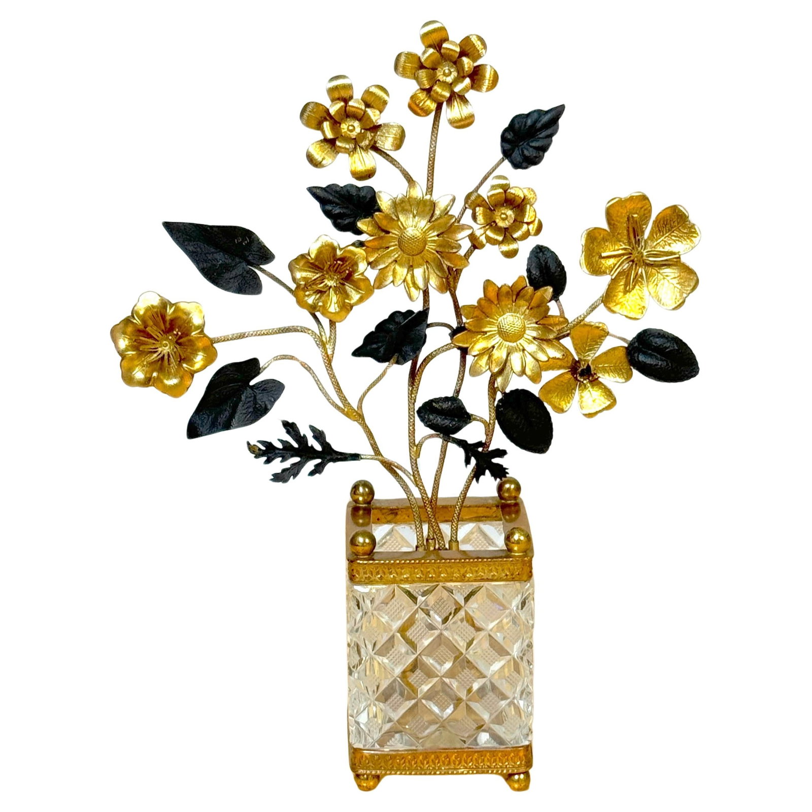 Baccarat Style Crystal Bronze Floral Topiary Cachepot France 1960s: Baccarat Style Crystal Bronze Floral Topiary Cachepot France 1960s Discover the exquisite Baccarat-style French crystal gilt and patinated bronze floral topiary cachepot, a stunning piece from the 196