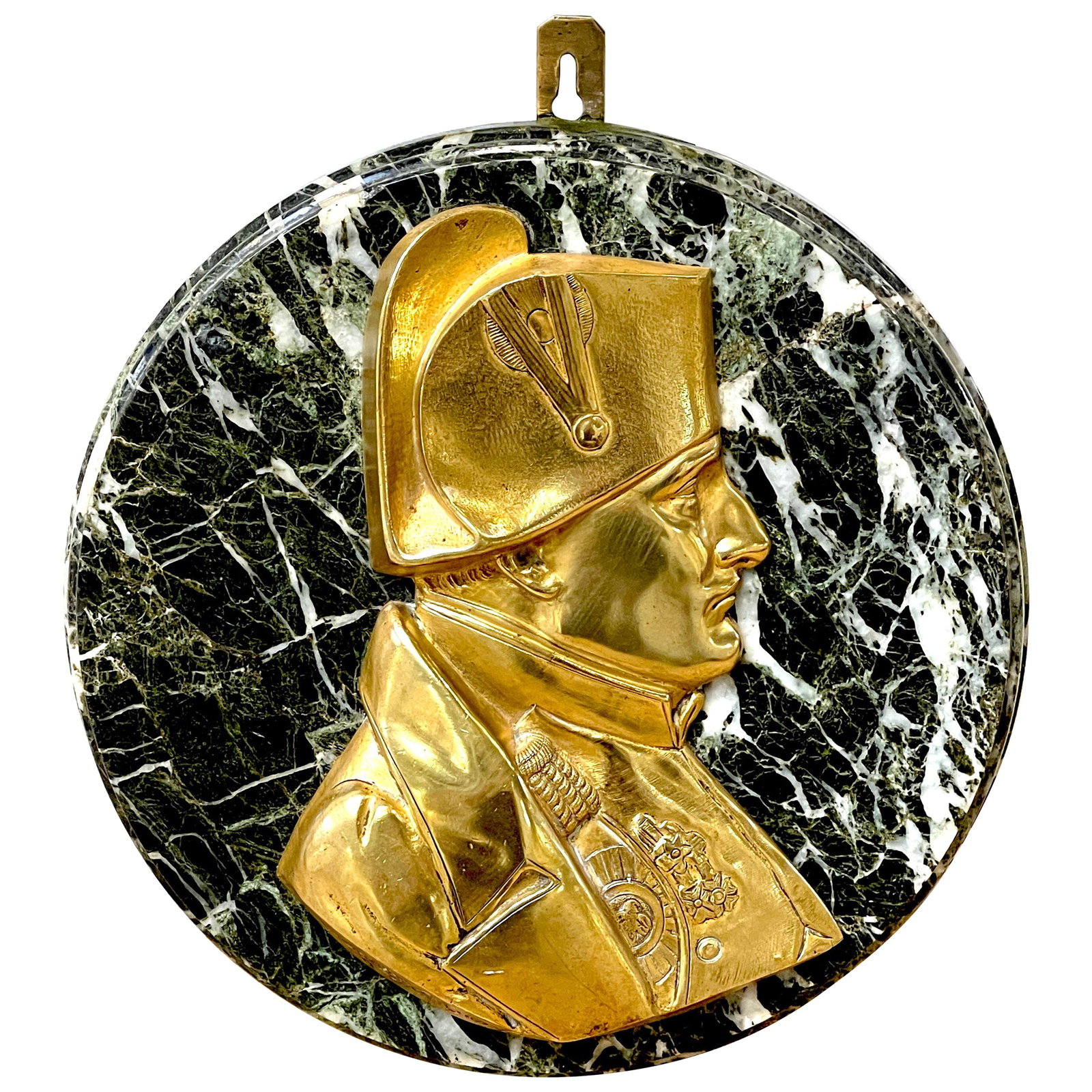 Ormolu and Marble Napoleon Plaque by Pierre Jean David D'Angers 19th Century French Art: Ormolu and Marble Napoleon Plaque by Pierre Jean David D'Angers 19th Century French Art This late 19th-century Empire Revival portrait plaque features a detailed side profile bust of Napoleon, crafted