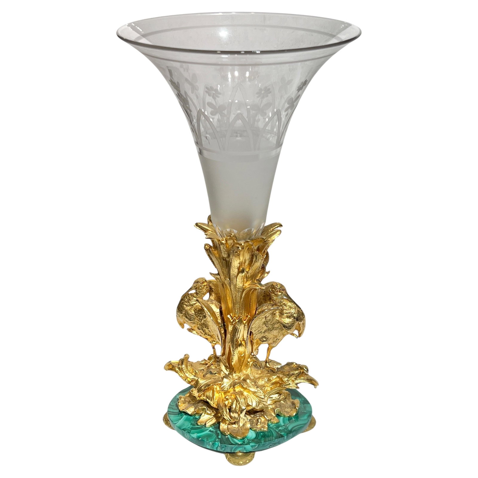 Engraved Glass and Gilt Bronze Vase with Heron Motif Circa 1880s: Engraved Glass and Gilt Bronze Vase with Heron Motif Circa 1880s This late 19th century centerpiece flower vase features a finely sculpted gilt bronze design with standing herons among foliage. The va