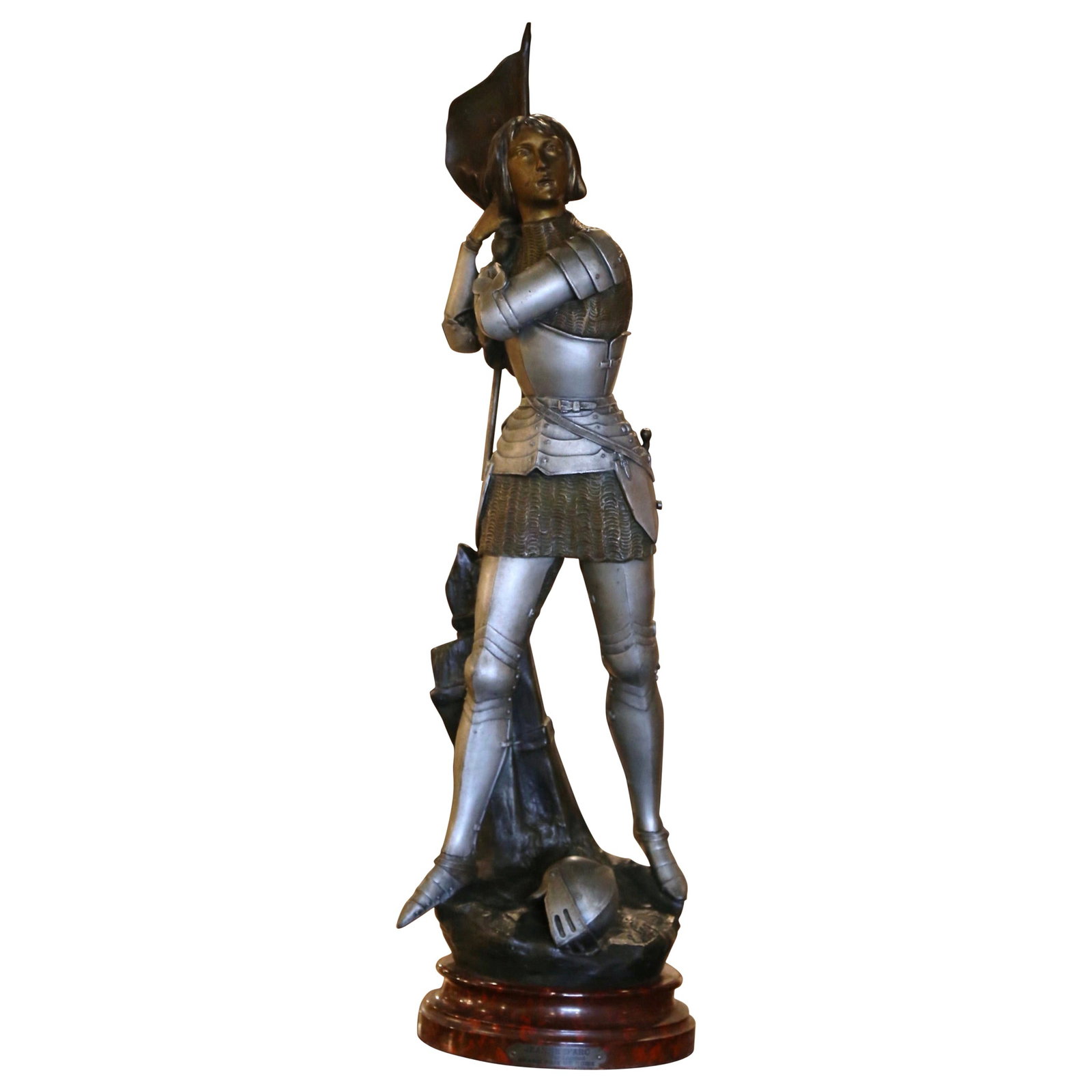 Ernest Legrand Joan of Arc Patinated Spelter Figure France 1900: Ernest Legrand Joan of Arc Patinated Spelter Figure France 1900 This exquisite early 20th-century French spelter figure, crafted by renowned sculptor Ernest Legrand, depicts Joan of Arc in full armor,