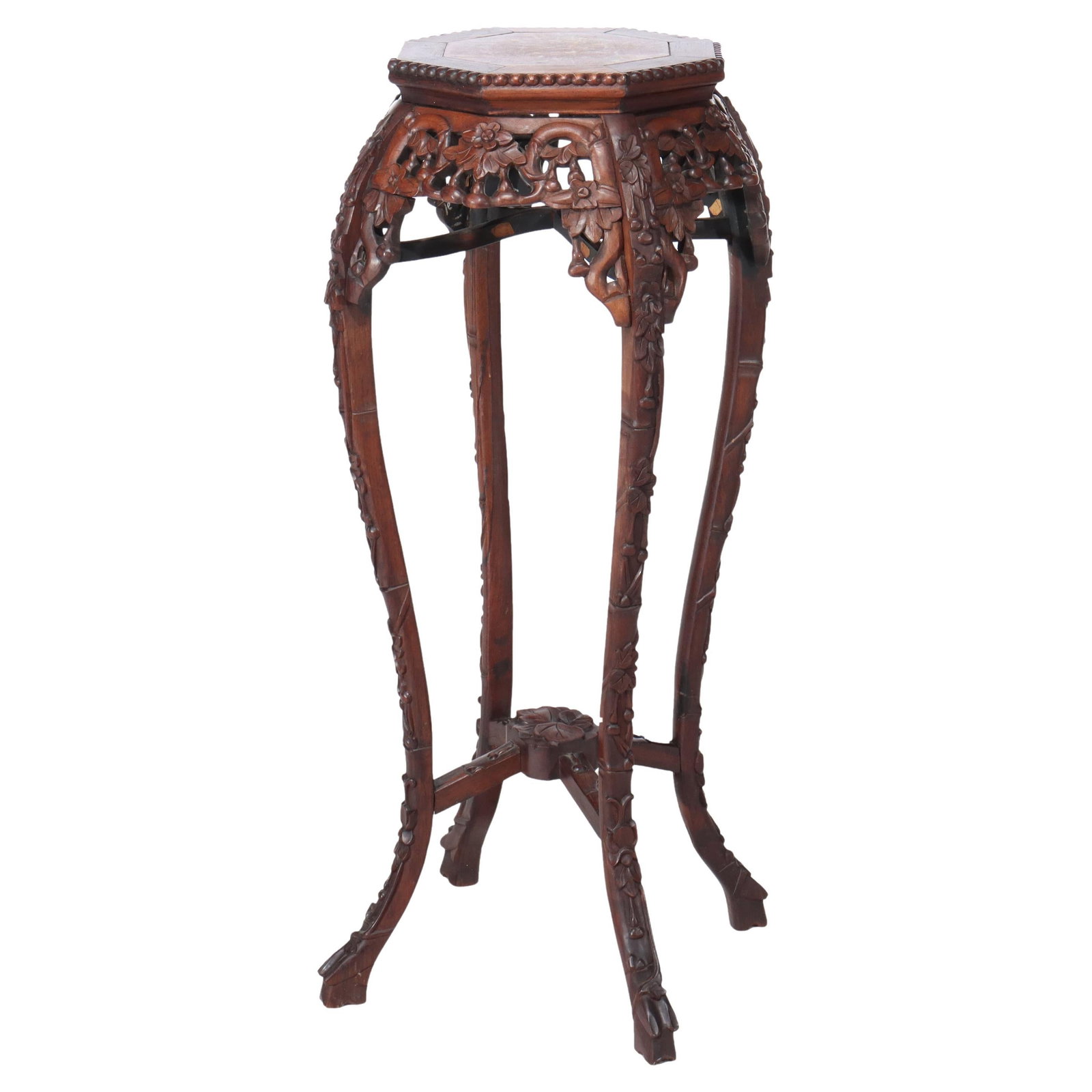 Antique Chinese Floral Carved Hardwood Stand Rouge Marble Top c1920: Antique Chinese Floral Carved Hardwood Stand Rouge Marble Top c1920 This exquisite antique Chinese stand, dating to circa 1920, showcases intricate floral carvings on hardwood. It features a stunning 