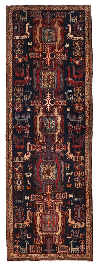 Hand-Knotted Wool Vintage Runner Rug 3'4 x 10' Pictorial Pattern Tribal Style: Hand-Knotted Wool Vintage Runner Rug 3'4 x 10' Pictorial Pattern Tribal Style This vintage pictorial-style oriental runner rug features a hand-knotted wool construction, showcasing a vibrant color pal