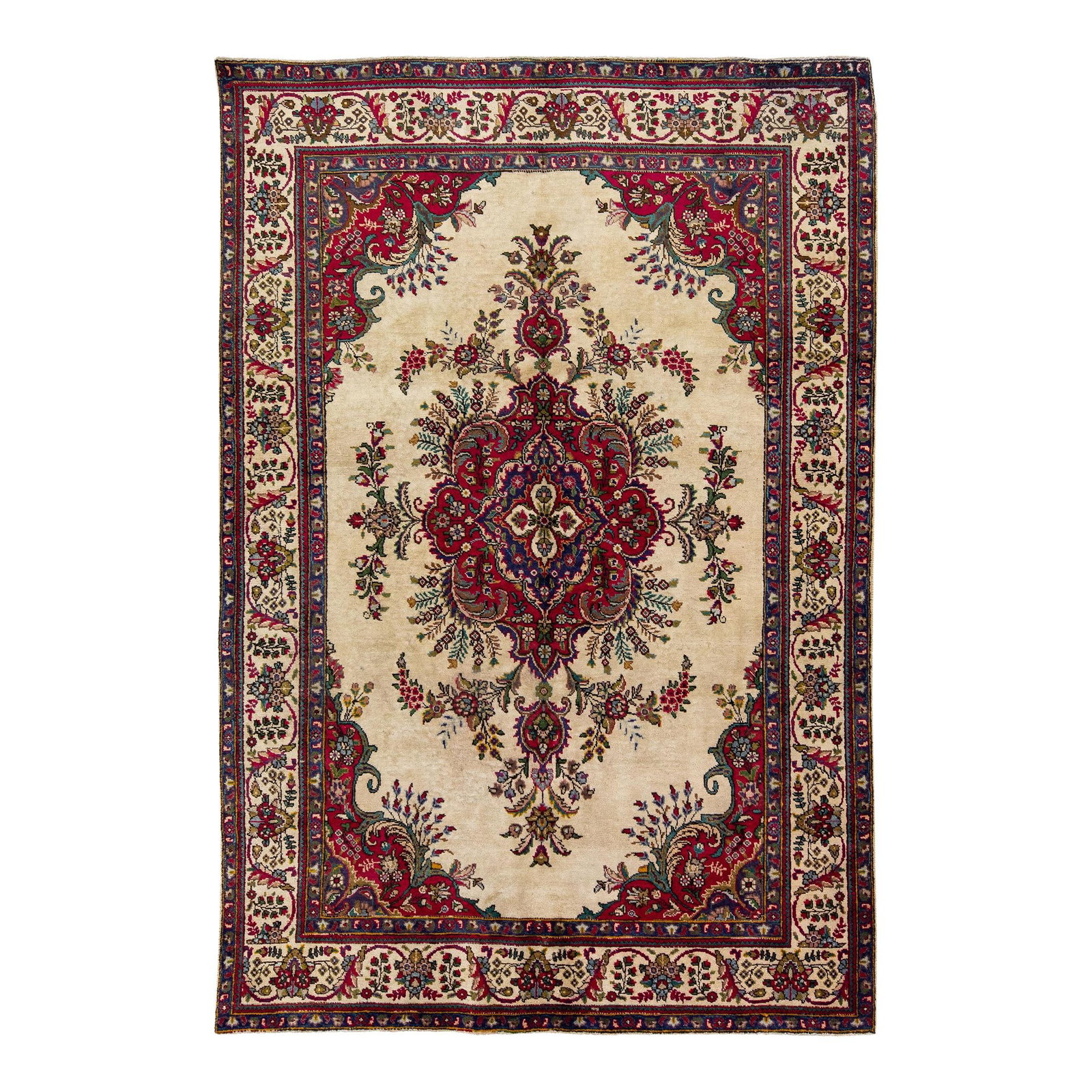 Vintage Persian Tabriz Handmade Wool Rug 6'10 x 10'1 Beige Medallion: Vintage Persian Tabriz Handmade Wool Rug 6'10 x 10'1 Beige Medallion This exquisite vintage Persian Tabriz rug showcases a stunning hand-knotted wool construction, featuring a beige color field adorne